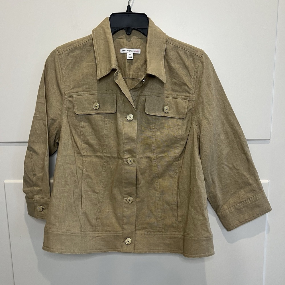 Isaac Mizrahi Live Linen Blend Jacket Womens 12 Button Front Tan Classic Casual
